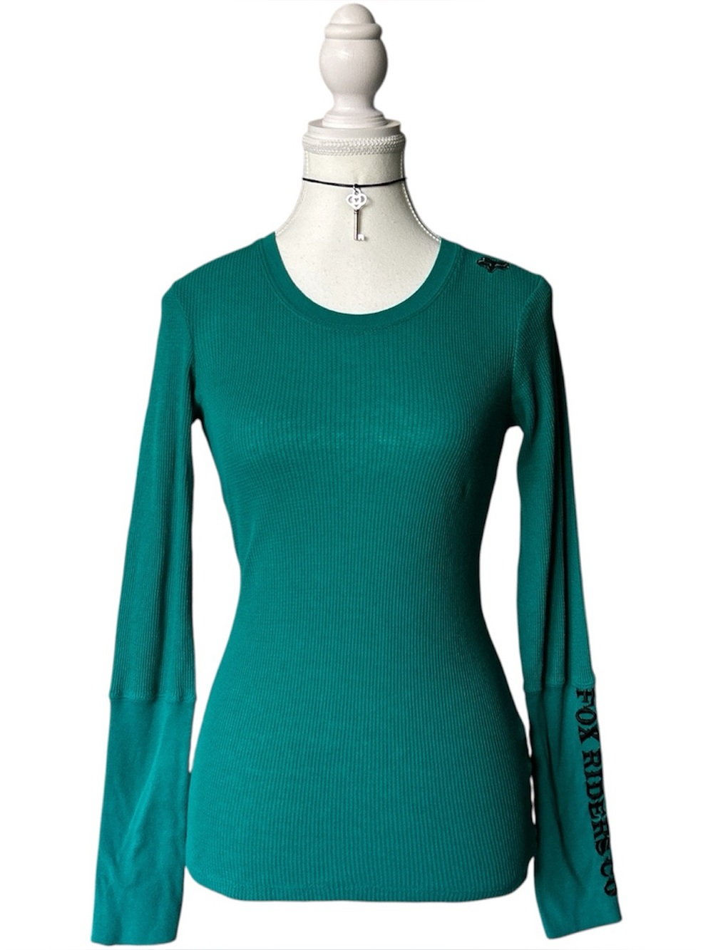 Y2K Grunge “Fox” Basic Teal Waffle Knit Long Sleeve Top